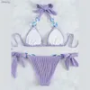 Frauen Badebekleidung sexy lila gerippte Badebekleidung Frauen Perlen Ring Dreieck Halfter Bikinis Set Micro Tanga Badeanzug Knotted Bikini Bikini Bather Y240402