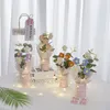 Fleurs décoratives 1 pc bouquet de folwer tissé à la main avec seau fleur artificielle plante en pot cadeau d'anniversaire ornement de bureau à la maison