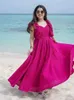 Casual Dresses Elegant Rose Red Hollow Out Strap Long Dress for Women Rygglös ärmlöshet Ruffle A-Line 2024 Summer Lady Semester