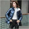 Womens Down Parkas Women Short Glossy Cotton Jacket Coats Zipper Padded Waterproof Parka Pocket Stand Collar Shiny Coat 201027 Drop De Dhsmb