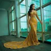 Party Dresses Sparkly Gold Beaded Lace Aso Ebi Style Prom Glitter High Neck Crystal African Bridal Wedding Reception Dress Formal Gown