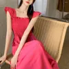 Casual Dresses Women Dress Elegant Square Neck Midi With Ruffle Sleeves High Waist Pleated A-line Design For Stylish Summer Outfit