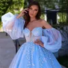 Party Dresses Charming Sky Blue Shiny Appliques spetspärlor PROM Dress Löstagbara puffhylsor Tulle Ball Gowns Corset Princess Evening Gown