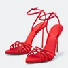 Klänningskor 2024 Design Crystal Ankle Strap Sandals Women Sexy High Heels Summer Party Prom Wedding Red