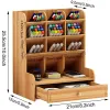 Houders multifunctioneel houten 13 rooster bureaublad beugel pen potlood opbergdoos potlood creatieve pen kleine rooster bureau display standaard