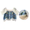 Blans des femmes Bubble Bouche à manches courtes Bouton Up Crop Top Crochet Flower Square Coup Shirt