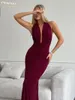 Casual Dresses ClaceVe Sexy Slim Wine Röd stickad Kvinnaklänning Summer Halter ärmlös fotledslängd elegant hög midja rygglös