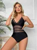 Swimwear pour femmes Sexy Femmes Black One Piece Bathing Fissure Summer Bathing Bathing Sexy V cou cou Black Mesh Swimwear Beach Wear Y240402