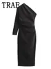 TRAF Asymmetrical Long Dresses For Women 2024 Fashion One Shoulder Sleeve Midi Elegant Dress Female Sexy Party 240323