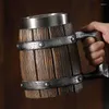 Mugs 600ml Viking Wood Style Beer Mug Simulation Wooden Barrel Cup Wall Drinking Stainless Steel For Party