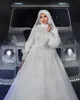 Muslim Long Sleeve Wedding Dress Sequins Pearls Bridal Ball Gowns Custom Made High Neck Shiny Fashion Vestido De Novia Arab Bride Gown