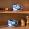 Cups Saucers Kreatives handbemalte blaue Himmel weiße Wolkenkaffeetasse mit Untertassen handgefertigt unregelmäßig Home Keramiktee und einzigartiges Geschenk