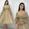 Champagne gold a line glitter Evening Dresses elegant off shoulder long sleeves Formal Prom Dress tea length ruffles Dresses for special occasion robe de soiree