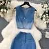 Werkjurken Jeugd Dames Denim Maxi Rokken Pakken Geleidelijke kleur Mouwloos Kort vest Tops Hoge taille Split A-lijn rok Jeans Tweedelige set