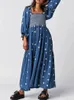 Gypsylady Floral Embroidery Maxi Dress Spring Autumn Long Sleeve Loose Boho Women Ruffles Casual Holiday Tiered Ladies Dresses 240320