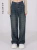 Jeans pour femmes aoaiiys femmes hautes taille 2024 chic lacet up plaid Designer Button Straight Y2k Pantalon de jambe large