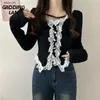 Women's T Shirts Autumn Winter Temperament French Lace Long Sleeve Women T-shirts Black Slim Fit Knitted Tops Solid Color Sexy Woven Tees