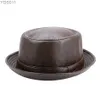 Chapéus de aba larga Bucket Mens Black Leather Triangle Hat Fedora Vintage Branda de outono da mulher porkpie jazz yq240403