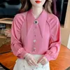 Blusas femininas moda gola apontada frisado design chique chiffon camisa blusa 2024 primavera verão outono branco rosa topo feminino