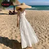Casual Dresses Halter Neck Cake-skikt Long White Dress Women Beach Holiday Bohemian Self Tie Diy Back Fairy Party Dinner Date Vestidos
