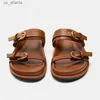 Slippare Traf Metal Buckle Flatfrom For Women 2024 Round Head Open Toe Outdoor Flat Shoes Brown Chic Belt Womans Sandaler H240403