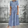 QNPQYX Retro Denim Dress Women Spring Summer Dress Female Fashion Loose Blue Dress Collar Pockets Short Sleeve Boho Vacation Maxi Dress