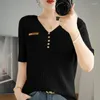 Women's T Shirts T-shirt Summer Worsted Sweater Short Sleeve Casual Solid Color V-Neck Ladies Tops Loose Blouse Pullover Tees Buttons