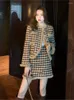 Work Dresses Autumn Winter 2024 Elegant Houndstooth Tweed Fur Collar Coat Patchwork Thick Warm Jacket Short Pencil Skirt 2 Piece Set