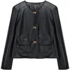 人工女子革女性春秋ファッションラウンドネックメタルバックルジャケット2024ヨーロッパスモールコート