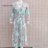 Casual 2024 Jurken Basic Boho Floral Print Long Jurk Women Sexy Deep V-Neck Sleeve High Split Swing met riem Elegant Beach Vestidos 230531