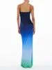 Vestidos casuais Summer Slip Slip Slip Blue Gradient Print Spaghetti Strap capuz de pescoço Slim Long