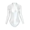 Kvinnors badkläder Satin Glossy Leotards Långärmning Back dragkedja One Piece Swimsuit Sexig högskuren bikini bodysuit Kvinnor baddräkt plus storlek