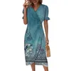 Casual Dresses Beach for Women Spring Summer Elegant Wrap V Neck Floral Boho Dress Flowy Ruched Hawaiian Maxi Simple