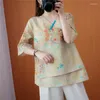 Blusas femininas estilo retro verão algodão linho impresso com decote em v botão acima versátil solto encaixe fino chiffon chinês topos