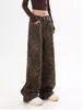 Kadınlar için kadın kot pantolon retro leopar baskısı Amerikan Amerikan yüksek belden gündelik geniş bacak denim pantolon sokak kıyafetleri baggy y2k kargo