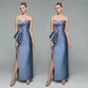Elegant Long Blue Satin Mother of the Bride Dresses With Slit Sheath Sweetheart Neck Godmother Dresses Formal Party Gown Floor Length for Women