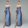 Élégant long Blue Satin Mère de la mariée Robes avec une gaine à fente Sweet Coute Coulle Robes de la robe de fête formelle Longueur du sol pour les femmes