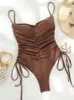 Frauen Badebekleidung Zrtak Brown Badeanzug Frauen einteilige Badeanzug Damen Bikini Solid Badeanzug Sommerurlaub einteiliger Badeanzug Rückenloser Strandanzug J240403