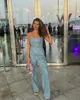 Fashion Sequins Denim Set Women Axel Trapless Tunic midja Crop Top och Wide Leg Pant Suit 2 Piece Set Outfits Tracksuit 240320