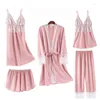 Home Clothing 5PCS Satin Sexy Pajamas Suit Women Lace Payjamas Pour Femme Kimono Robe Gown Loose V-neck Sleepwear With Trousers Loungewear