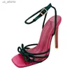 Отсуть обувь Liyke 2024 Новое прибытие зеленая бабочка узел женщин Сандалии летняя квадрат с открытой пряжкой на нога