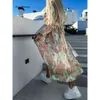 Jurken Basic Casual Boho Floral Print Long Jurk Women Sexy Deep V-Neck Mouw High Split Swing met riem Elegant Beach Vestidos 230531