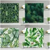 Duschgardiner grön tropisk växtfjäder blad badrum dekor vattentät badgardin 3d tryck polyesterduk med krokar