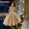 Partykleider breite Gurte mit mittlerer Länge Champagner Pailletten Puffy Prom Kleiderhülse mit Perlen sexy Robe Soiree Femme Longue