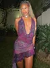 Casual Dresses BOOFEENAA Floral Print Mesh Summer Dress See Through Backless Mini Beach Wears Sexy Vacation Outfits Woman 2024 C83-AI13
