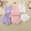 Kleidungssets Baby Mädchen Sommerkleidung Niedliche ärmellose Spitzenbesatz Knopf Slip Camisole und einfarbige PP Shorts Kleinkinder Zweiteiler