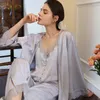 French Style Sling Pyjamas Women's Three-Piece Set Spring and Summer Gentle Romantic Cardigan Loose Ice Silk Suit Home Clothes