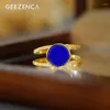 Cluster Rings GEEZENCA S925 Silver Hollow Round Natural Lapis Lazuli Open Ring For Women 18K Golden Blue Stone Simple Chic 2024 Gift