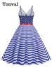 Casual Jurken Tonval Sterren En Strepen Print Zomer Party Sexy Voor Vrouwen 2024 V-hals Vintage Stijl Gordel Swing Jurk