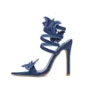 Roman Pointed Open toed Sandals Bow Tie Denim Blue Slim Heel High Heeled Sandals Ankle Snake Twine Women's Shoes Banket klädsel Fashionabla och sexiga